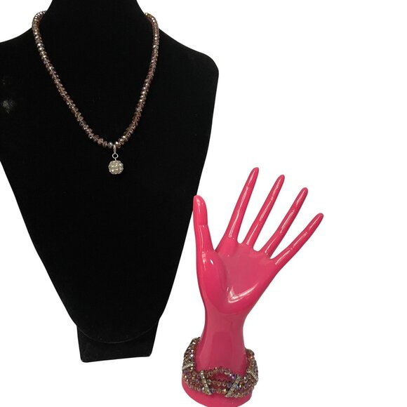 Handcrafted Beaded Crystal Necklace & Bracelet Set With Rhinestone Pendant Elega - Picture 1 of 7